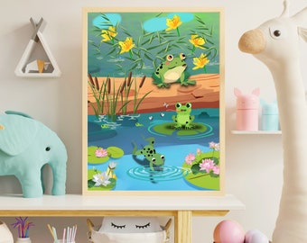 Lindas ranas en un estanque de nenúfares, Ranas en un tronco, Rana en un estanque, Ranas de descarga digital, Rana, Ranas en un estanque de nenúfares, Linda rana para niños