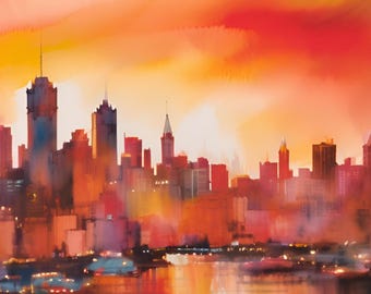 Ciudad al atardecer en tonos naranjas intensos, arte urbano descargable, arte urbano imprimible, tonos rojos intensos sobre la ciudad, arte digital