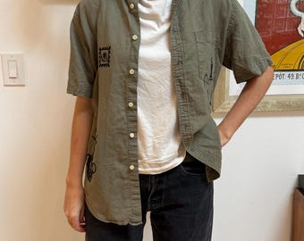 Block-printed Green Button Up