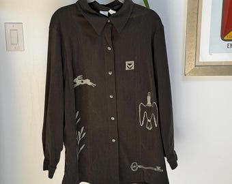 Dark Olive Button Up with Yellow Prints