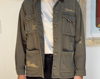 Green Utility Jacket with Yellow Prints
