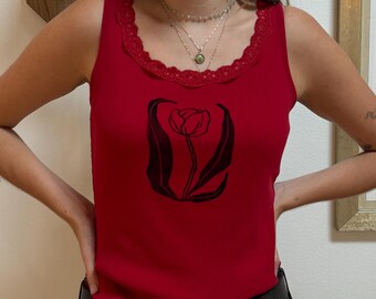 Block-printed Red Tulip Tank
