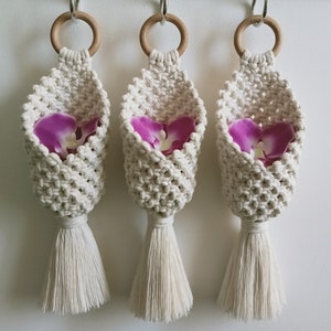 May include: Three macrame hanging baskets with wooden rings and tassels. Each basket is filled with purple orchid petals. The baskets are made of off-white cotton cord and hang against a white background.