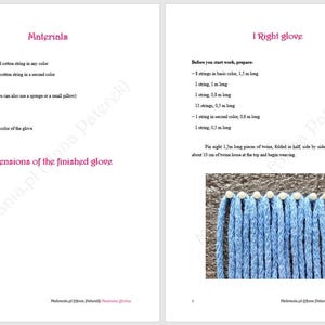May include: A tutorial page with instructions for crafting a glove. The page includes a list of materials, dimensions, and detailed steps. The image shows blue twine strands, with a height of 13 cm and a width of 9.5 cm.