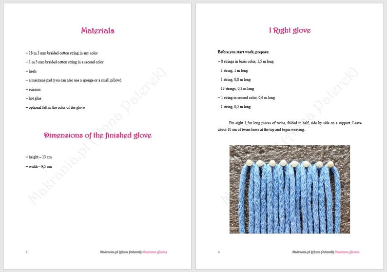 May include: A tutorial page with instructions for crafting a glove. The page includes a list of materials, dimensions, and detailed steps. The image shows blue twine strands, with a height of 13 cm and a width of 9.5 cm.
