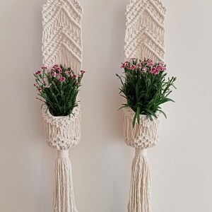 Puede incluir: Dos maceteros de macramé con borlas blancas cuelgan de una barra de madera. Cada macetero tiene una pequeña planta en maceta con hojas verdes y flores rosas.