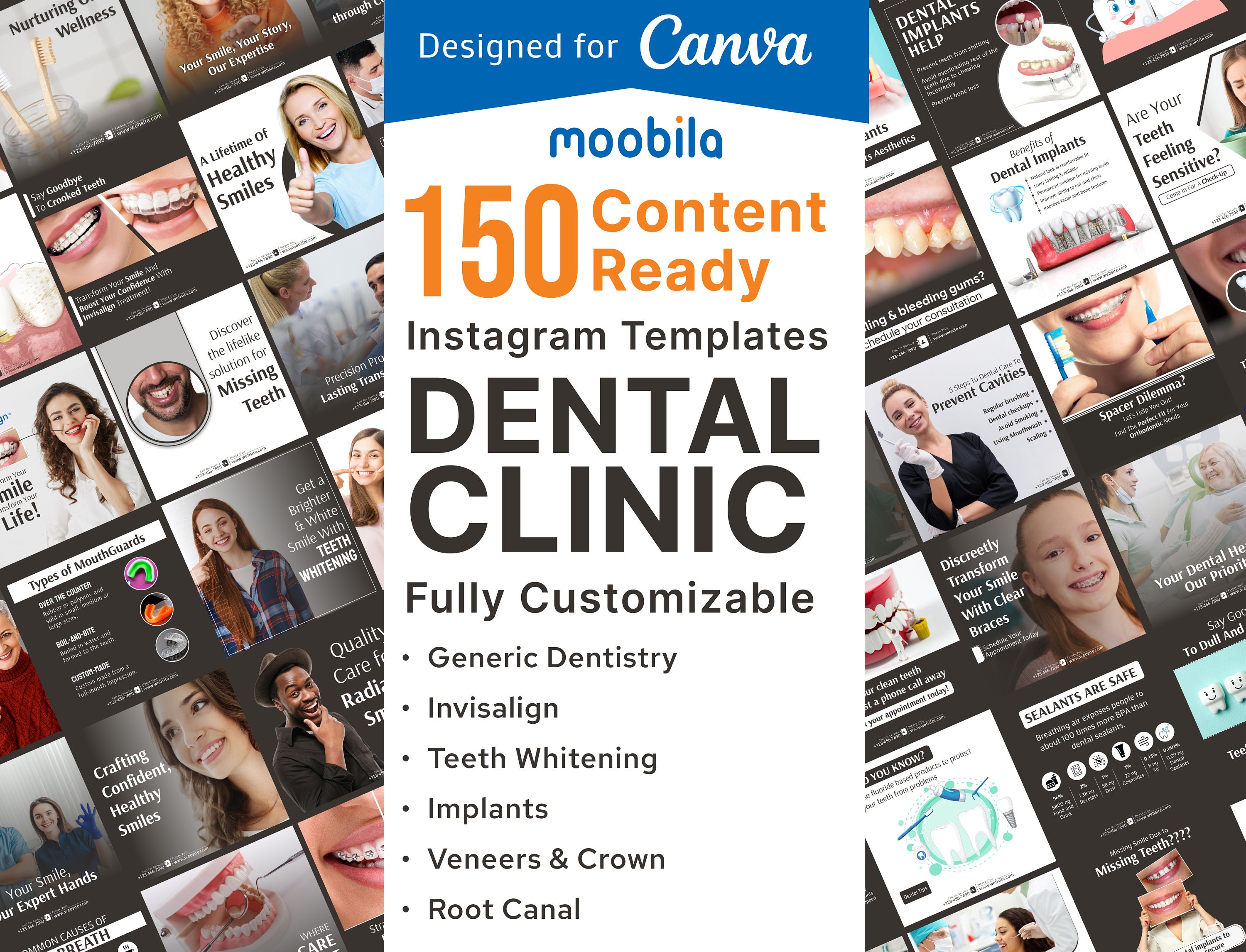 Instagram-sjablonen Tandkliniek: meer dan 150 posts op sociale media (Canva)