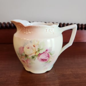 Small German Porcelain Yellow and Pink Pitcher with Pink and Yellow Roses