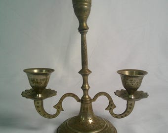 Vintage Handmade Etched Silver Colored Metal Candlelabra