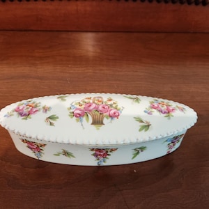 Vintage White Porcelain Oval Lidded Trinket Box with Flowers