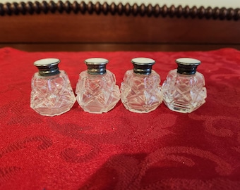 Set of 2 Cut Glass and Sterling Silver Salt and Pepper Shakers