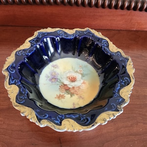 Antique R C Crown Rosenthal Alice Bavaria Hand Painted Porcelain Cobalt Blue Bowl with Flowers