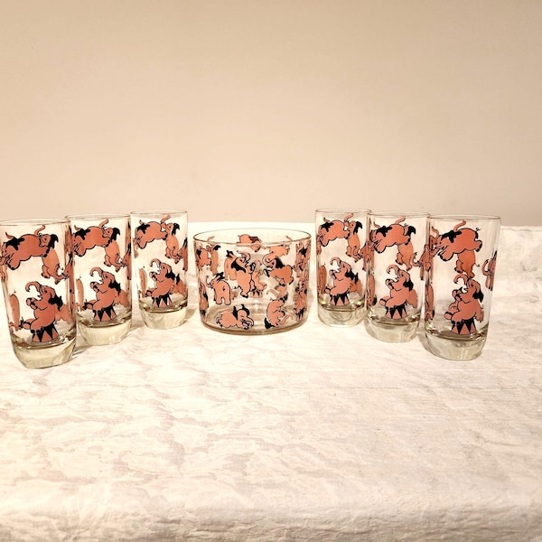 Juego de 6 vasos altos y cubo de hielo Hazel Atlas Dancing Pink Elephant