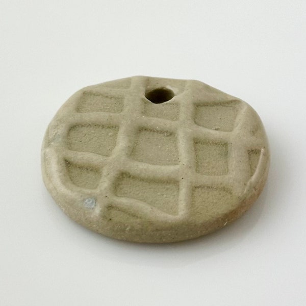 Beige Ceramic Necklace Pendant, 34mm Round Focal Bead with Square Pattern Raised Texture, Large Top Hole, Jewelry Making Supplies/Destash