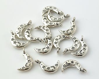 4 dijes de peltre envejecido con forma de media luna y estrellas, 19 x 10 mm, doble cara, 4 unidades, suministros para bisutería.