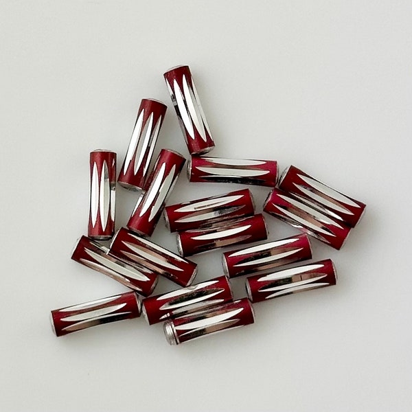 Anodized Aluminum Diamond-Cut Beads, Red and Silver Metal Beads, 10x3mm Tubes, Quantity 16 Loose Beads, Jewelry Making Supplies Destash