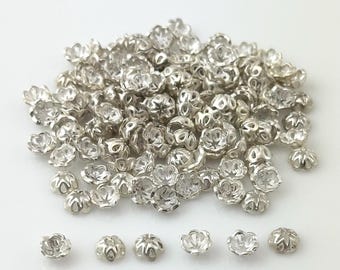 24 Pcs Silver Plated Pewter Bead Caps, 6mm Round, Qty 24 Loose Bead Caps for 6-8mm Beads, Base Metal Findings, Jewelry Making Supply Destash