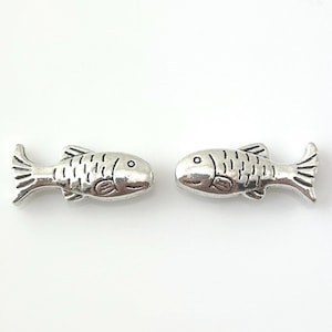 2 Pcs Antiqued Silver-Plated Pewter 3-D Fish Beads, 22x10x5mm Puffed Double-Sided, Qty 2 Loose Beads/Charms, Jewelry Making Supplies Destash