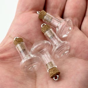 May include: Four small, clear glass bottles with cork stoppers and silver-colored metal loops. The bottles have a bulbous base and a narrow neck. The corks are a light brown color. The bottles are held in a hand.