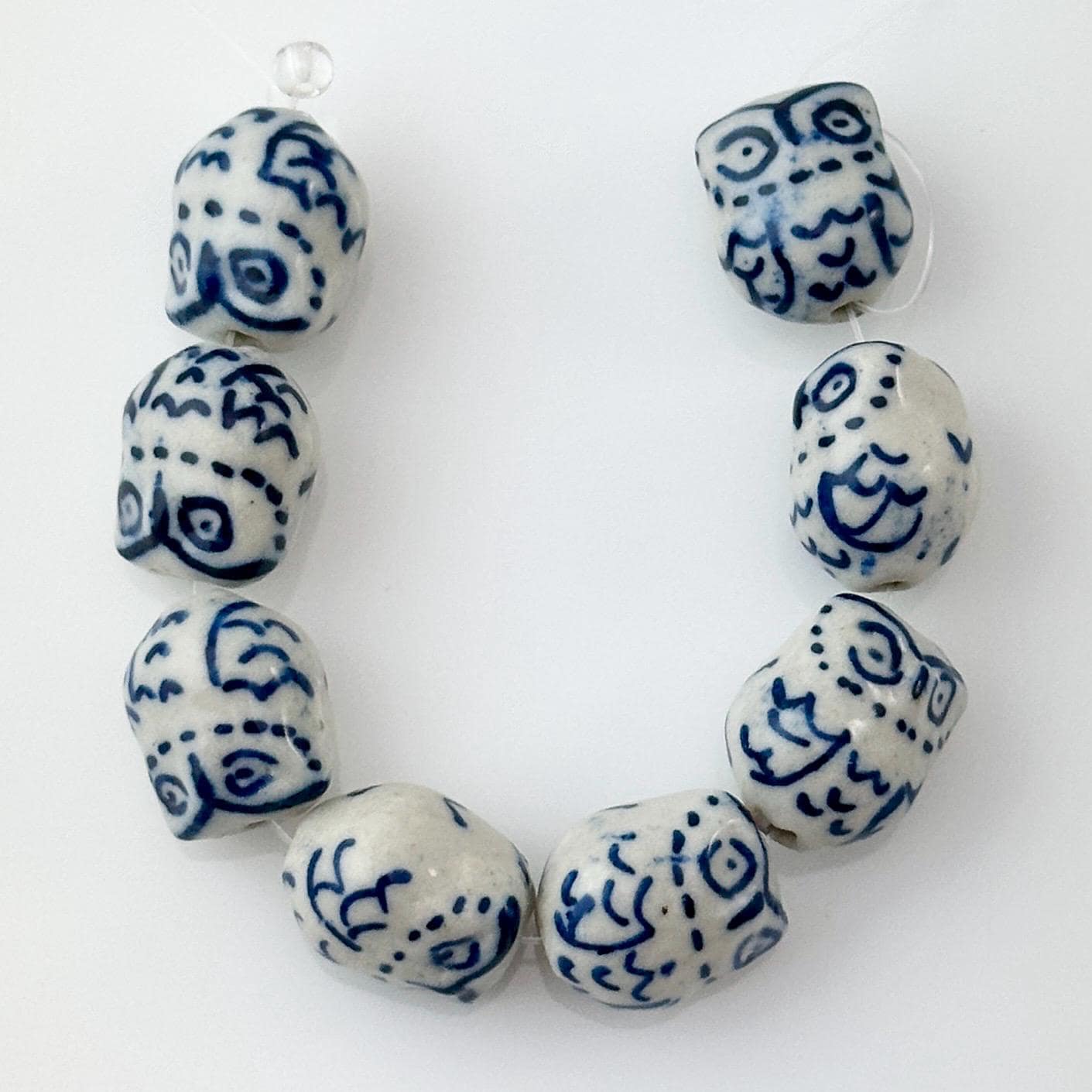 2 Pcs Adorable Blue and White Ceramic Owl Beads, 16x13mm Cute Chubby Owls, Quantity 2 Loose Beads (1