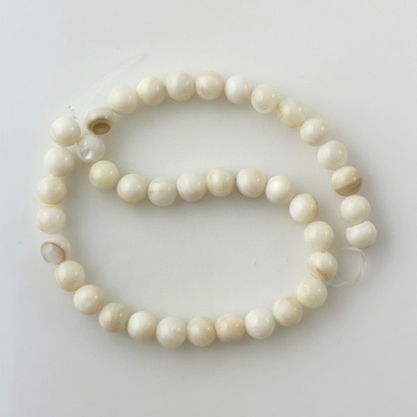 Mother of Pearl Shell 6mm Smooth Round Beads, White Cream Organic Gemstone, 8.5 Inch Strand, Quantity 39 Loose Beads, Jewelry Making Destash