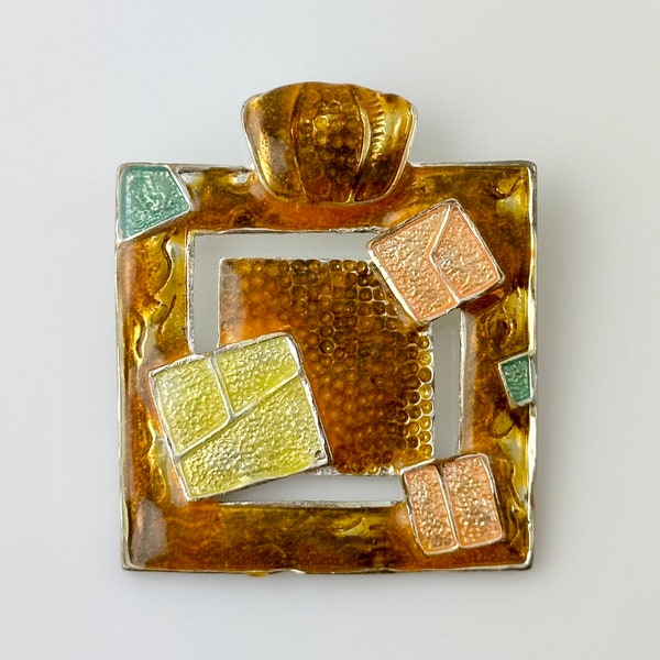 Large Square Enamel Pendant, Brown Yellow Orange Green, 2x1.75 Inch Abstract Pendant for Necklace, Jewelry Making Supplies Destash