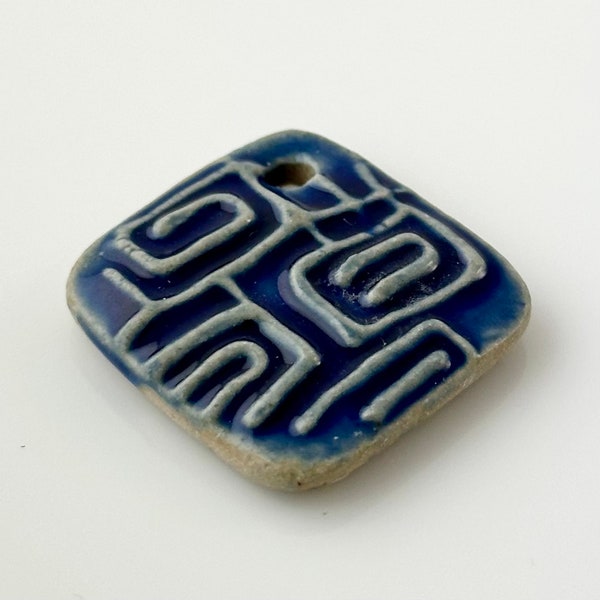 Beige Blue Glazed Ceramic Pendant, Square/Diamond Shaped with Geometric Patterned Raised Texture, 31mm square 38mm diagonal, Large Top Hole