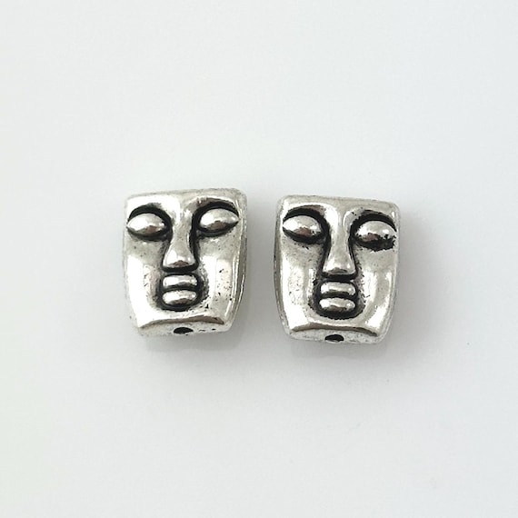 4 Pcs Antiqued Silver-Plated Pewter Face Beads, 12x10mm Double-Sided Buddha Face, Quantity 4 Loose Beads, Jewelry Making Supplies Destash