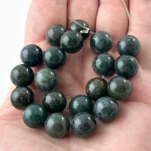 Moss Agate Bead Strand, 12mm Smooth Round, Dark Green Gemstone Beads, 9.75&quot; Strand, Quantity 20 Loose Beads, Jewelry Making Supplies Destash
