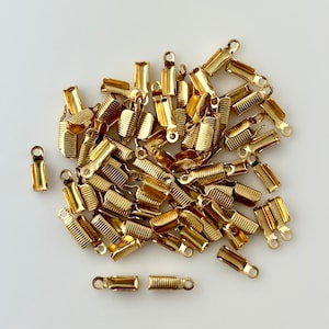 20 Pcs Gold Plated Brass Fold-Over Cord Ends w/Loop, 11x4mm Qty 20 Loose Pieces, Cord Tips for Leather Cord, Jewelry Making Supplies Destash