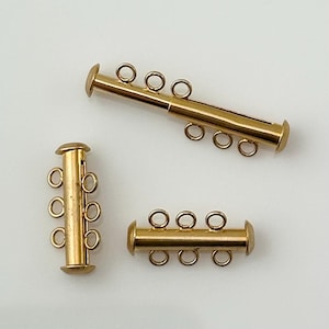 3 Pcs Gold Plated Brass 3-Strand Slide Lock Clasps, 22x10mm Tube Shaped, Triple-Strand Necklace Findings, Jewelry Making Supplies Destash