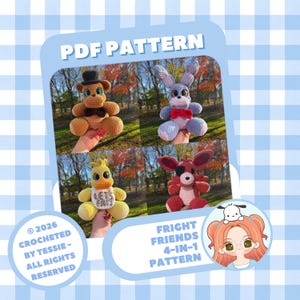 Può includere: Un modello PDF digitale per Fright Friends all'uncinetto, con quattro personaggi. L'immagine mostra un orso marrone, un coniglio blu con papillon rosso, un pulcino giallo con un cartello con scritto "LET'S EATS", e una volpe rossa con una benda sull'occhio. Il modello è di Tessie.