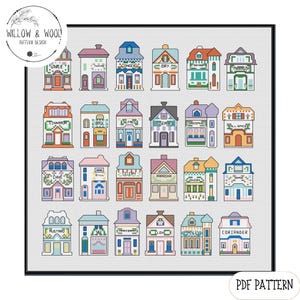May include: A cross-stitch pattern showing a collection of houses, each representing a different spice. The houses are in various colours and styles, with labels like 'Cinnamon' and 'Rosemary'. The design includes the text 'WILLOW & WOOL PATTERN DESIGN' and 'PDF PATTERN'.