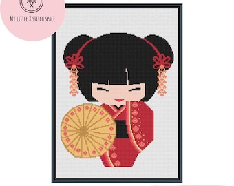 Cross Stitch Pattern - PDF - Kokeshi Sunshade Doll