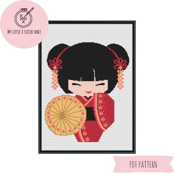 Cross Stitch Pattern - PDF - Kokeshi Sunshade Doll