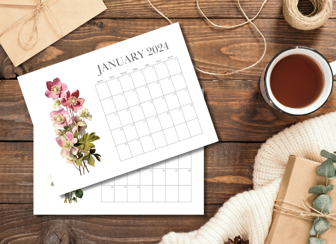 Printable Calendar 2024 A4 Landscape Monday & Sunday Start Minimalist