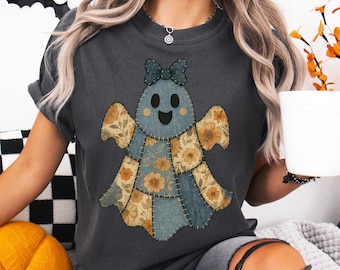 Faux Denim Patchwork Ghost PNG, Jean Quilt Halloween Sublimation, Floral Pattern, 300 DPI Image, Fall Shirt, Digital Download