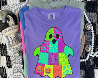 Neon Patchwork Ghost PNG, Quilt Halloween Sublimation, Spooky Design, 300 DPI Image, Bright Fall Shirt, Digital Download