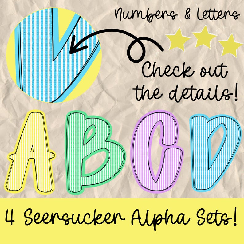 May include: Image features four colorful seersucker alphabet letters: A, B, C, and D. Each letter has a unique color and striped pattern. The text "Numbers & Letters" and "Check out the details!" are also visible. The image is promoting "4 Seersucker Alpha Sets!"
