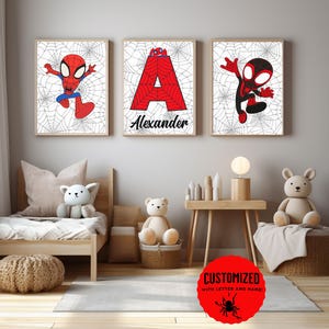 Set di 3 stampe artistiche da parete a tema Spiderman, decorazione per la cameretta dei bambini, stampa personalizzata con supereroi, poster digitali per bambini piccoli, decorazione per la cameretta dei bambini con nome personalizzato