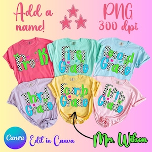 Preppy Back To School Grade Level Teacher Bundle, First Second Third Elementary PNG, First Day Of School Png, Checkered Bright Coquette Png