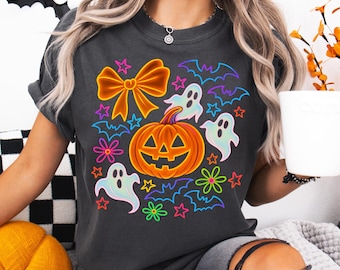 Neon Halloween PNG, Cute Ghost Pumpkin Bow Design, 300 DPI Sublimation, Spooky Season Shirt, Bright Halloween PNG Download