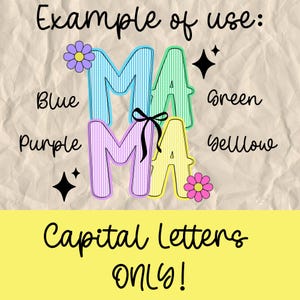 May include: An image with the word "MA" in capital letters, each letter in a different color: blue, green, purple, and yellow. The image also includes the text "Example of use:" and "Capital Letters ONLY!"