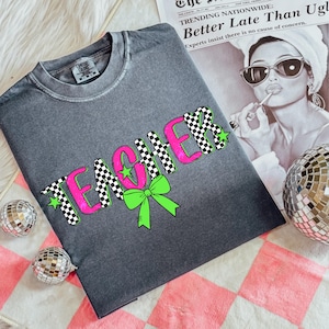 Teacher Name Design Png, Customizable Checkered Neon Coquette Bow Bright, Back To School Png, First Day Of School, Hot Pink Teacher PNG File