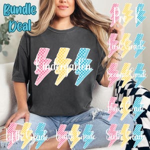 Grade Level Checkered Lightning Bolt PNG Bundle, Kindergarten to Sixth Grade, Checkered Teacher Sublimation Clipart, Digital Download