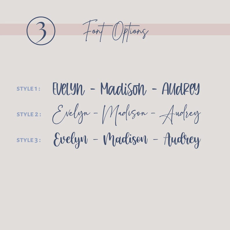 May include: An image displaying font choices. The words "Font Options" are above three font styles. Each style shows the names "Evelyn - Madison - Audrey" in a different font. A circled number 3 is in the top left corner.