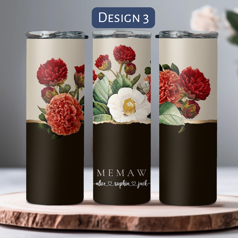Personalized Floral Grandma Tumbler, Custom Tumbler Gift For Mother's Day, Grandma Tumbler With Grandkids Name, Flower Cup For Birthday Gift Design 3
