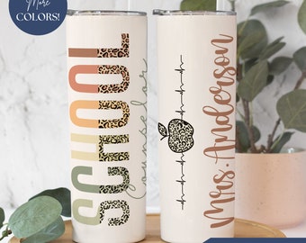 Personalized School Counselor Tumbler With Name, Custom School Counselor Gift, Teacher Appreciation Gift, Cheetah Print Counselor Cup