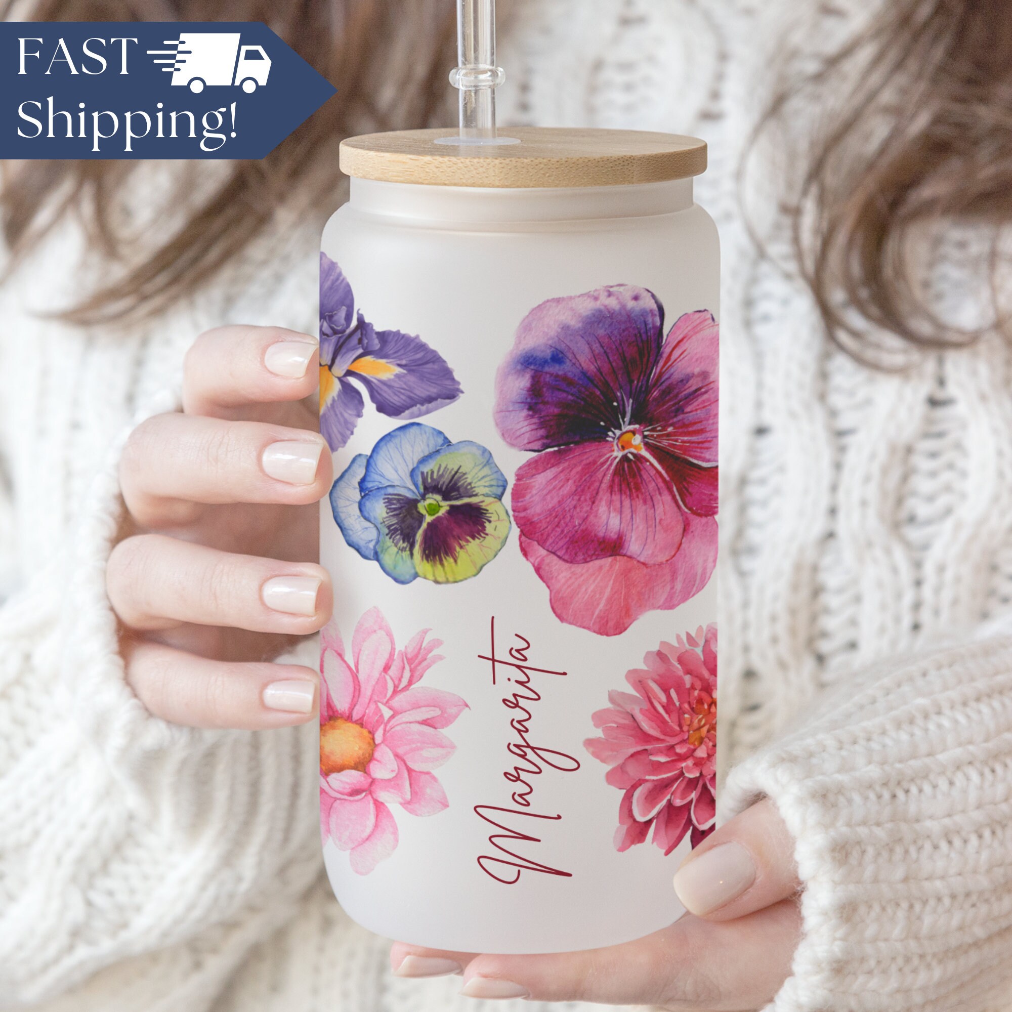 Personalized Flower Glass Tumbler, Wildflower Floral Glass Cup, Custom Flower Frosted Glass, Pink Flower Iced Coffee Cup with Lid and Straw