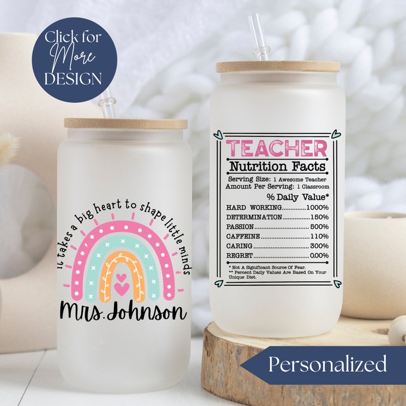 Vaso de vidrio personalizado para maestros, taza de vidrio arcoíris personalizada para maestros, taza con información nutricional personalizada para maestros, regalo de agradecimiento para maestros para Navidad Rainbow 5